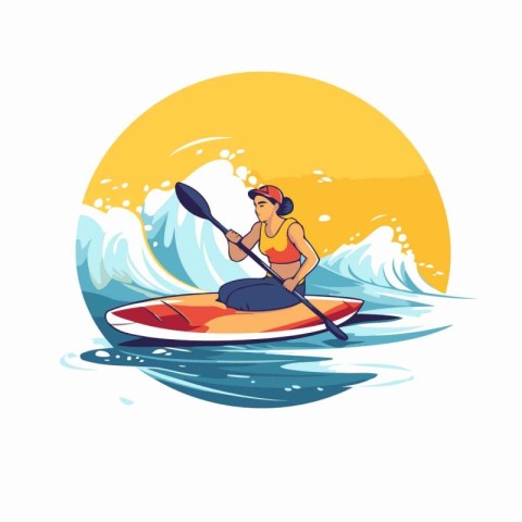 Kayaking on the waves. Vector illustration in a flat style.