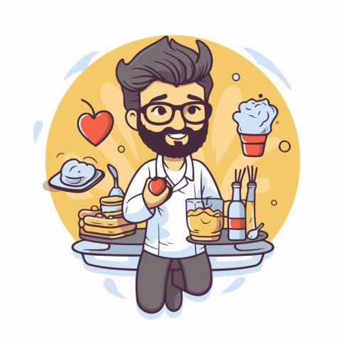 Hipster man eating pancakes. Vector illustration in cartoon styl