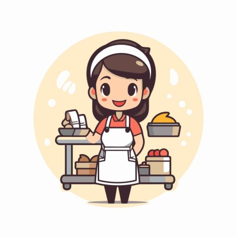 Cartoon bakery shop girl vector illustration. Cute bakery shop w