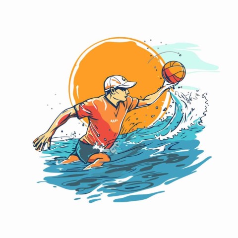 Water polo player with ball in hand drawn style. Vector illustra