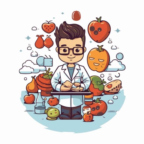 Cartoon doctor with fruits and vegetables. Health care concept.