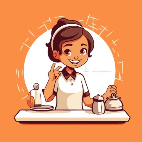 Cute girl in apron cooking breakfast. Vector cartoon illustratio