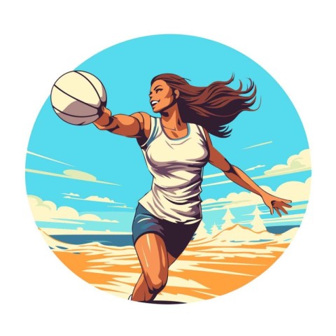 Beautiful girl volleyball player with ball on the beach. Vector