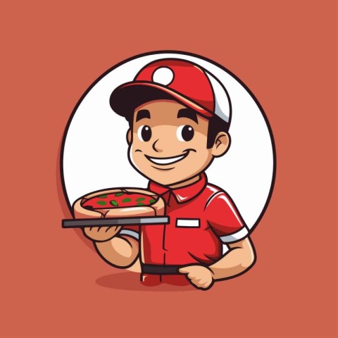 Pizza delivery boy holding a pizza. Vector cartoon character ill