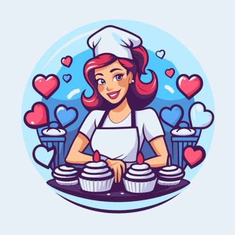 Beautiful woman chef with cupcakes. Vector illustration in carto