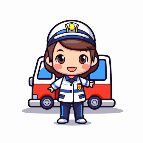 Cute nurse with ambulance car character cartoon vector illustrat