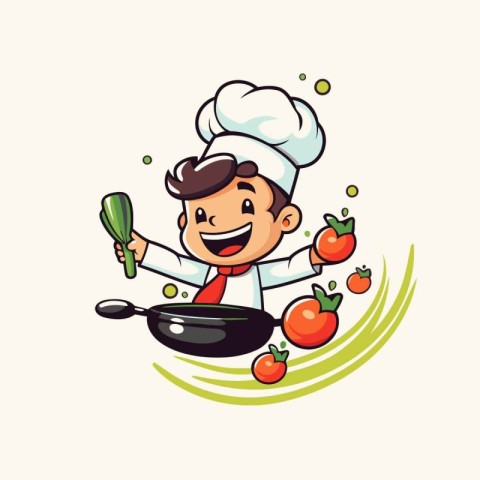 Chef boy with vegetables. Vector illustration of cartoon charact