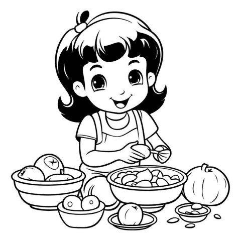 Cute Little Girl Cooking Food - Black and White Cartoon Illustra