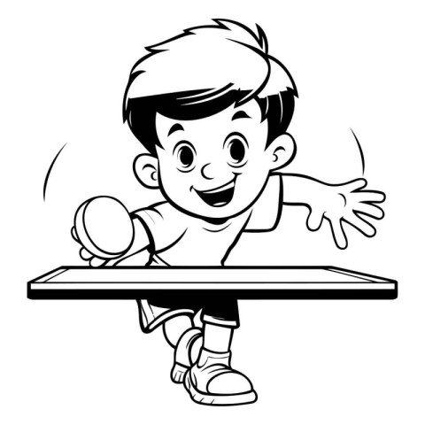 Boy Playing Table Tennis - Black and White Cartoon Illustration.