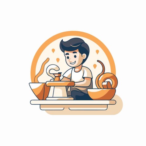 Vector illustration of a man cooking bread in the kitchen. Carto