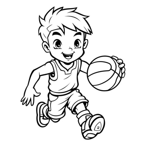 Black and White Cartoon Illustration of a Kid Playing Basketball