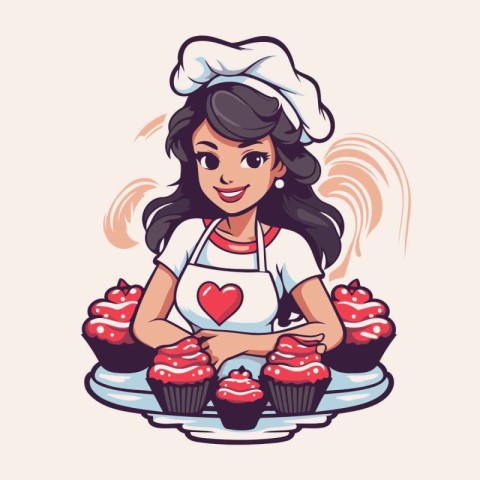 Chef girl with cupcakes. Vector illustration in cartoon style.