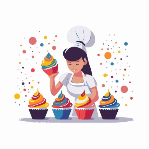 Chef woman with cupcakes. Vector illustration in cartoon style.