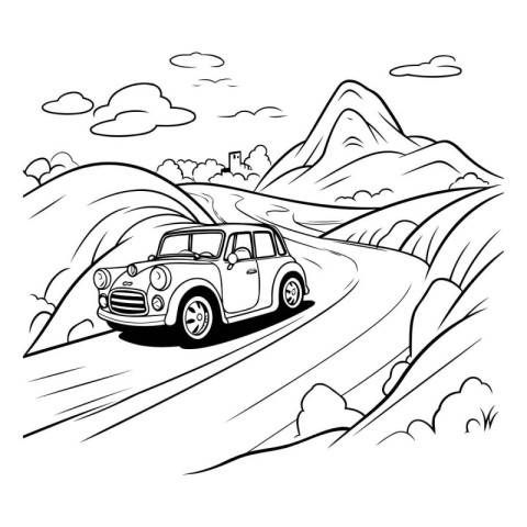 Vector illustration of a vintage car on the road in the mountain