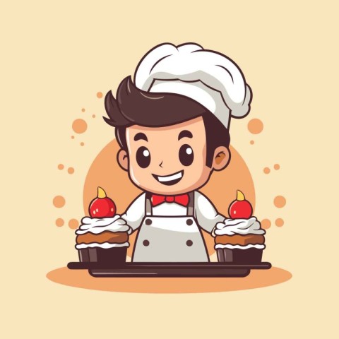 Cute cartoon chef with cupcake. Cute vector illustration.