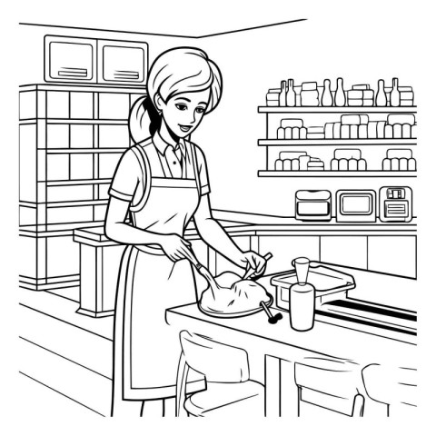 Black and white illustration of a young woman in apron baking br