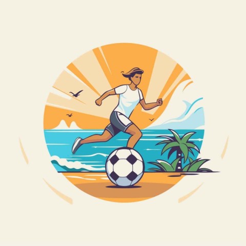 Soccer player running with ball on the beach. Vector illustratio