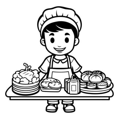 cute little chef boy with bread and milk cartoon vector illustra