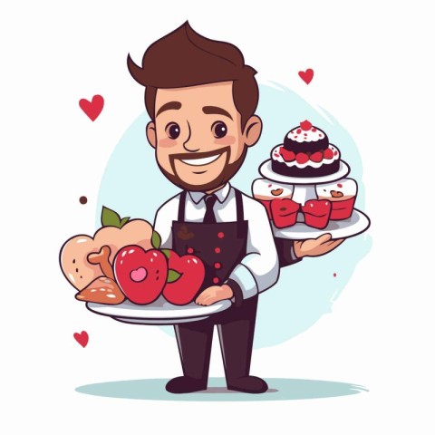 Handsome cartoon waiter holding tray full of delicious cakes. Ve