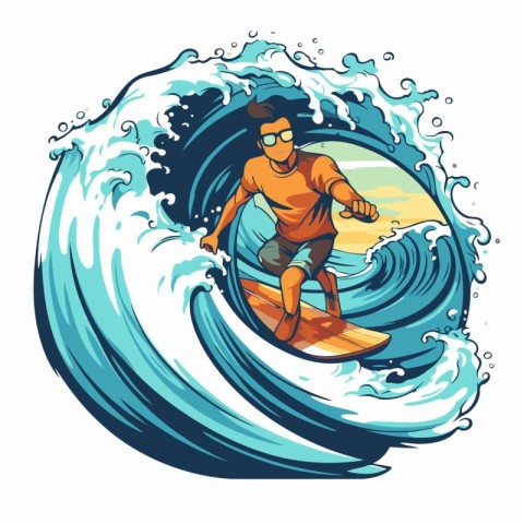 Surfer in the ocean. Vector illustration of a man surfing in the