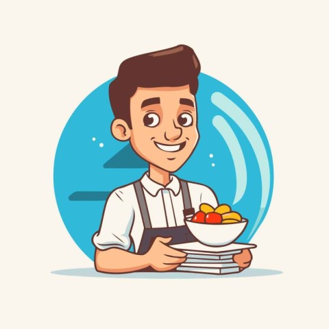 Cheerful waiter holding bowl with fruits. Vector cartoon illustr