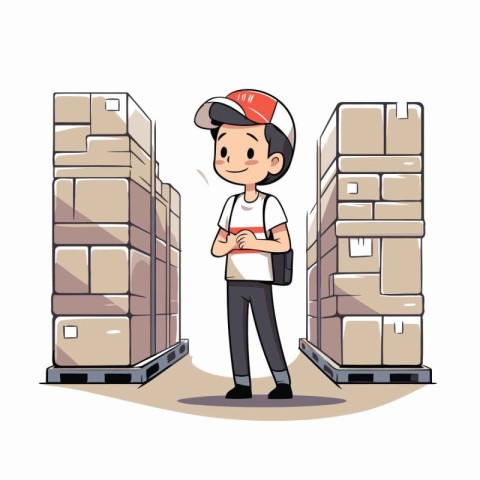 delivery man with boxes in warehouse vector illustration eps 10.