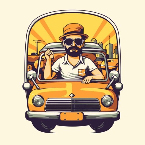 Bearded hipster man driving a yellow retro car. Vector illustrat