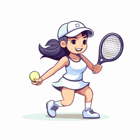 Little girl playing tennis with racket. Vector illustration in c