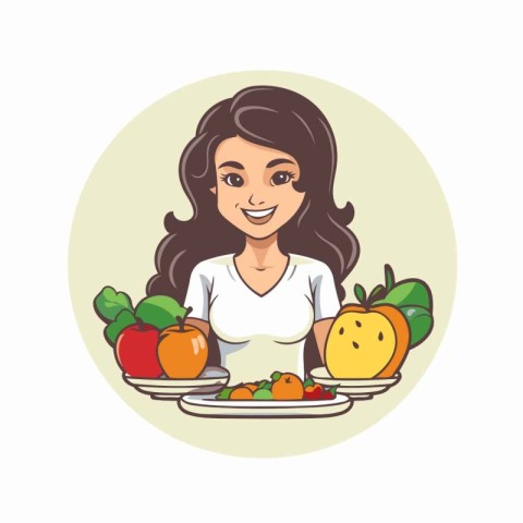 Smiling woman with plate of fruits and vegetables. Vector illust