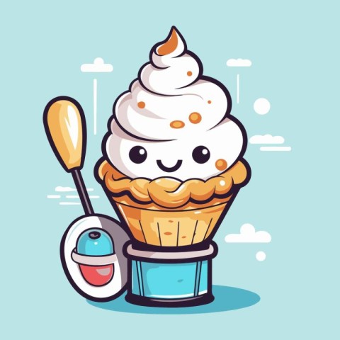 Cute ice cream cupcake cartoon vector illustration. Mascot chara