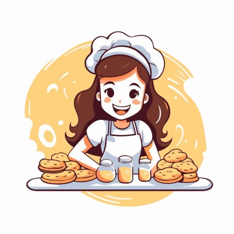 Cute little girl in chef hat and apron cooking cookies. Vector i