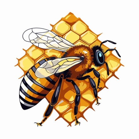 Bee on honeycombs. Vector illustration isolated on white backgro