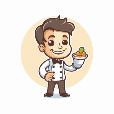 Cute cartoon waiter holding a cup of coffee. Vector illustration