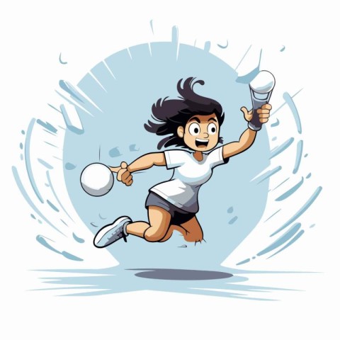 Cartoon illustration of a tennis player with a racket and ball.