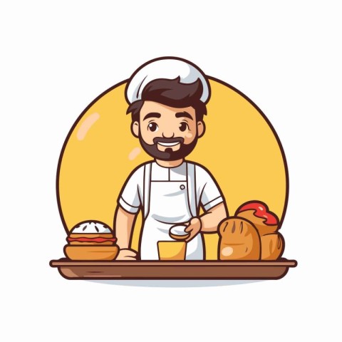 Chef cartoon character with bread and buns vector illustration g