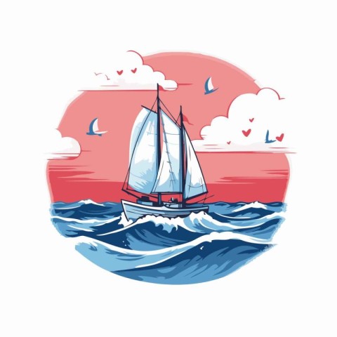 Sailing yacht in the sea. Vector illustration on white backgroun