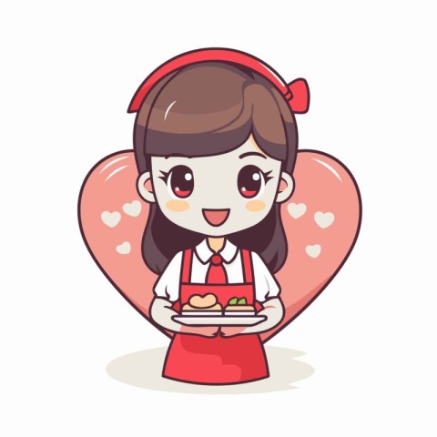 Cute girl chef holding plate of food and heart shape vector Illu