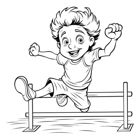 Boy Jumping on Bench - Black and White Cartoon Illustration. Vec