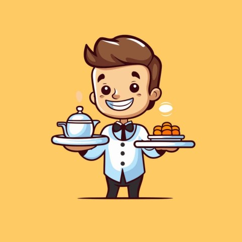 Cute cartoon waiter holding tray of coffee and dessert. Vector i