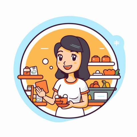 Vector illustration of a woman holding a basket of food in the s