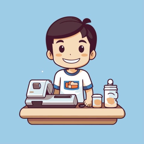 Cute boy cooking food at the kitchen. Vector cartoon illustratio