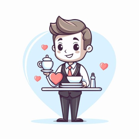 Waiter holding coffee cup and teapot. Vector illustration.