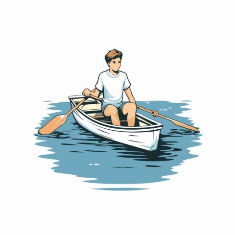 Man rowing in a boat on the water. Vector illustration.