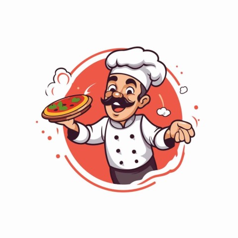 Chef holding a pizza. Vector illustration on a white background.