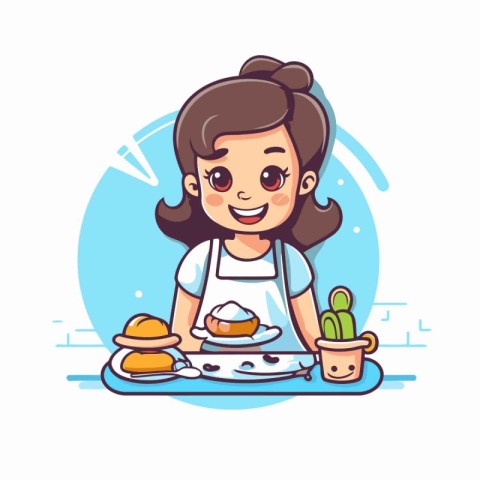 Cute little girl cooking pancakes in the kitchen. Vector illustr