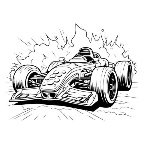 illustration of a racing car on a black and white background.