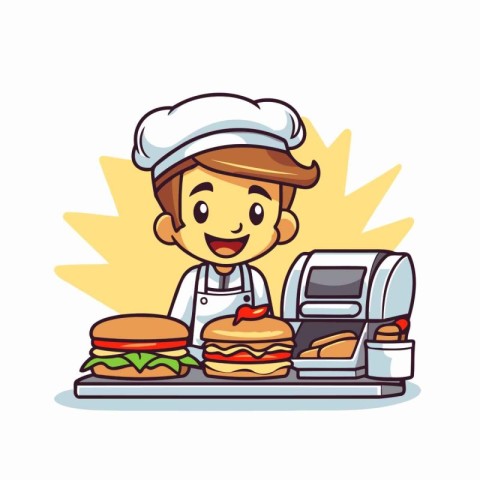 Chef boy with hamburger and cash register cartoon vector illustr