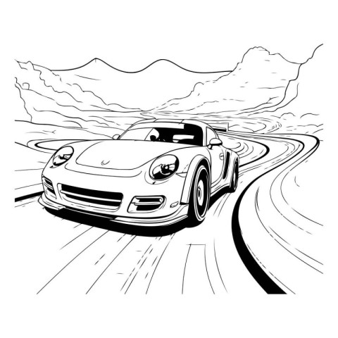 Car on the road in the mountains. Vector illustration in black a