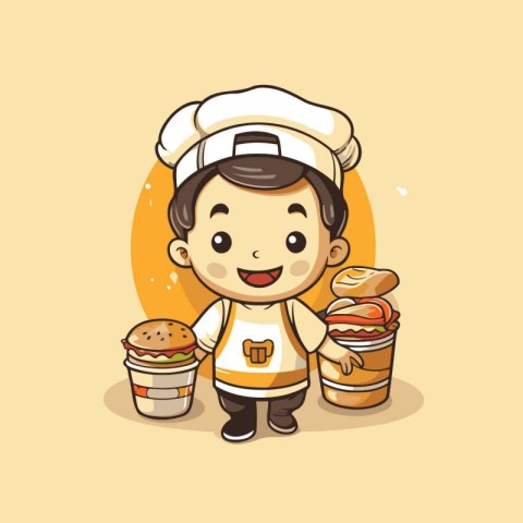 Cute little chef boy with hamburger and ice cream vector illustr