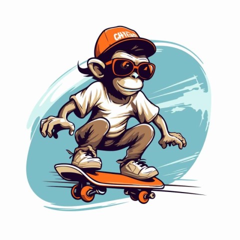 Monkey skateboarder with helmet and skateboard. Vector illustrat